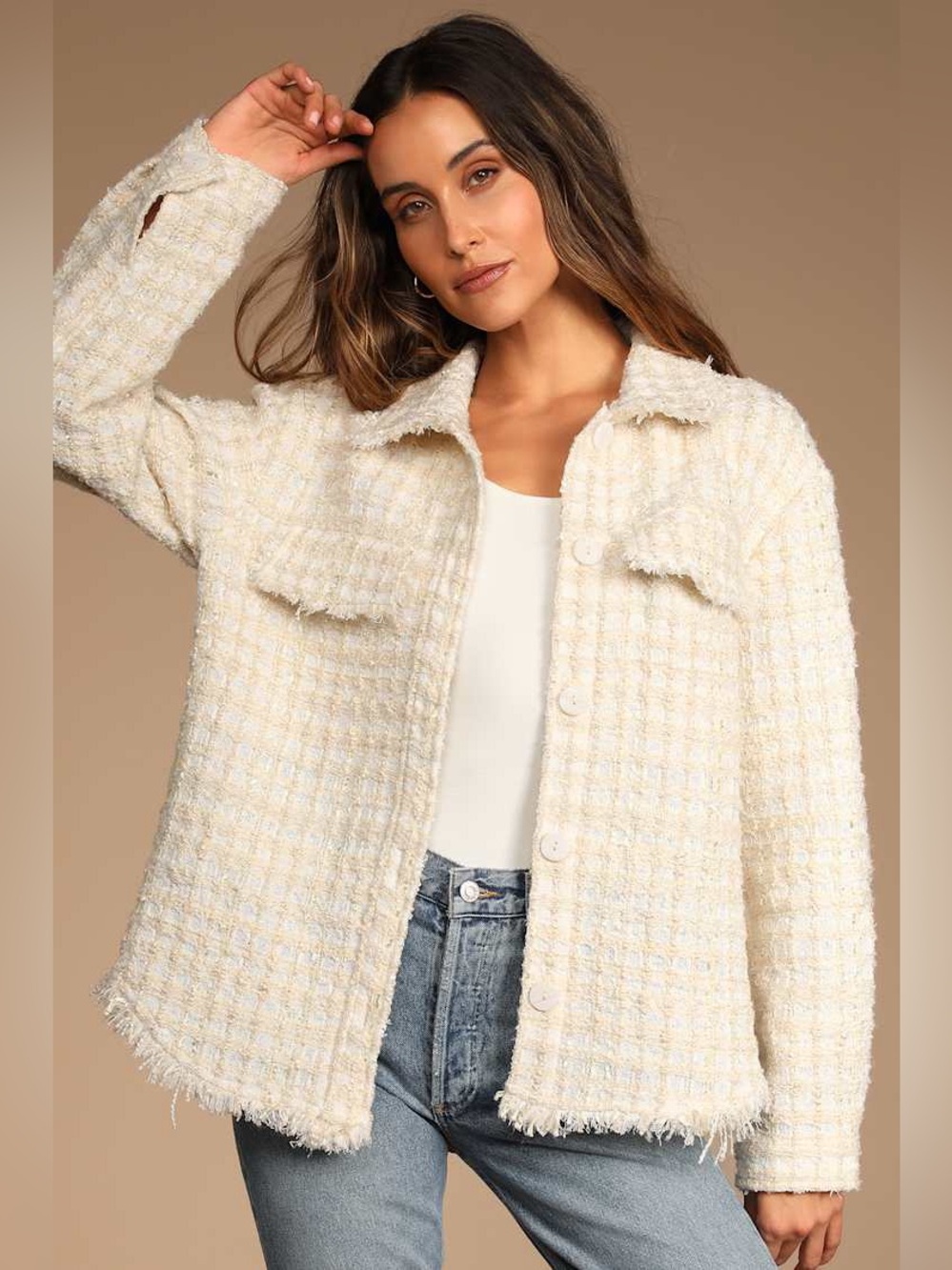 $98 NWT Lulus Take Notes Ivory Plaid Tweed Shacket XL